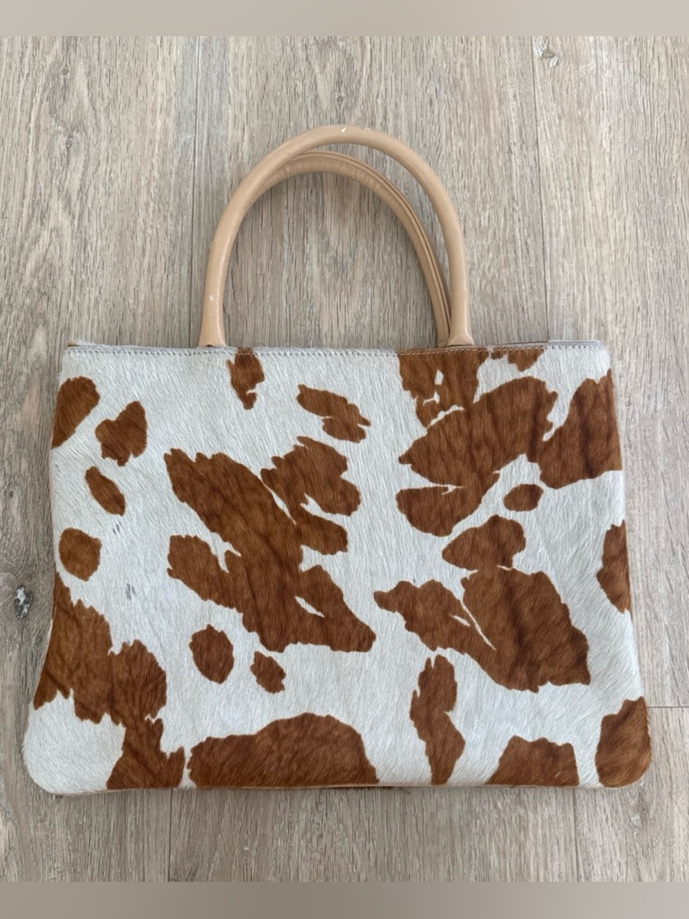 Vintage Mari Turgeon Brown and White Cowhide Tote Bag with Tan Handles